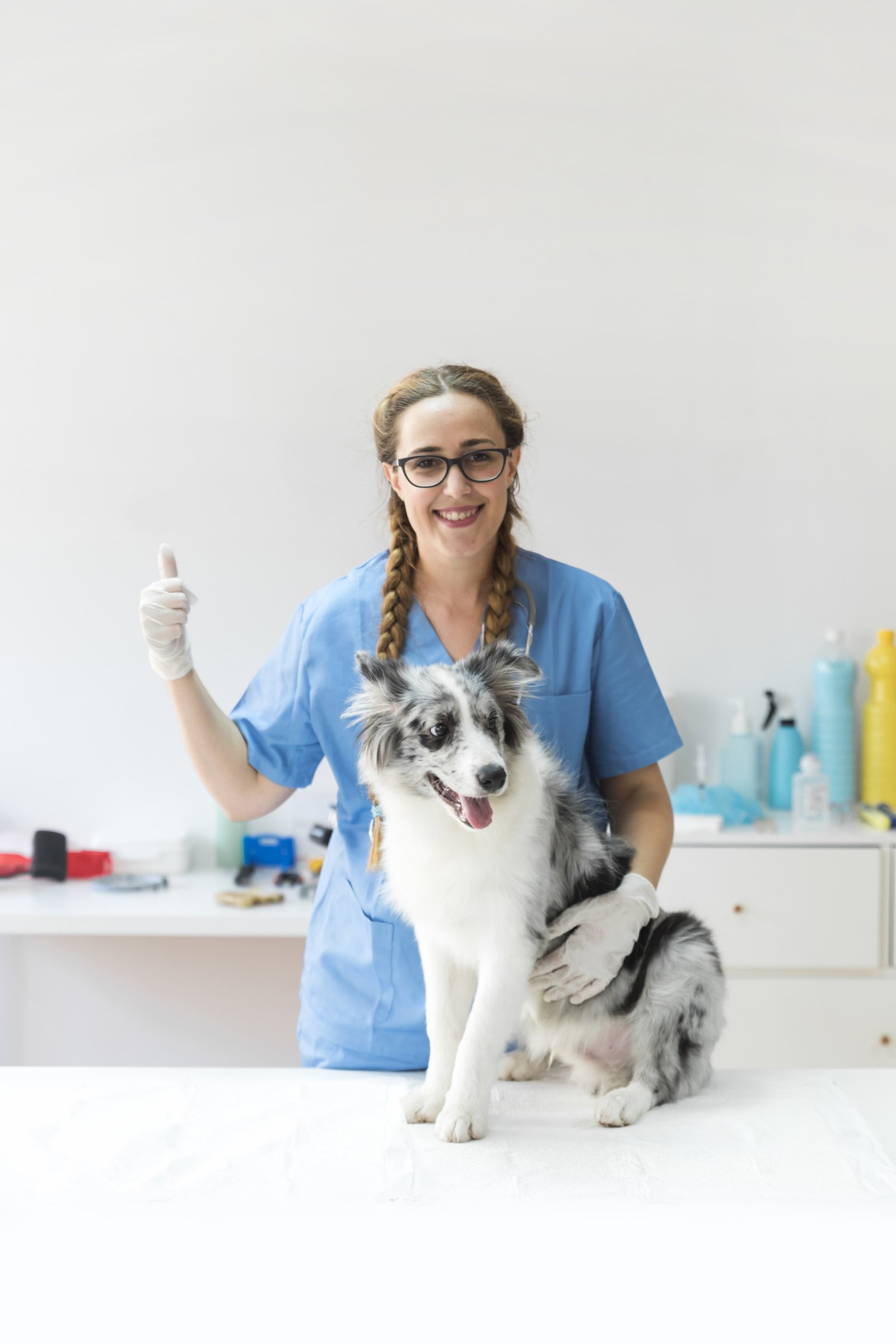 happy-female-veterinarian-with-dog-table-showing-thumbup-sign-min